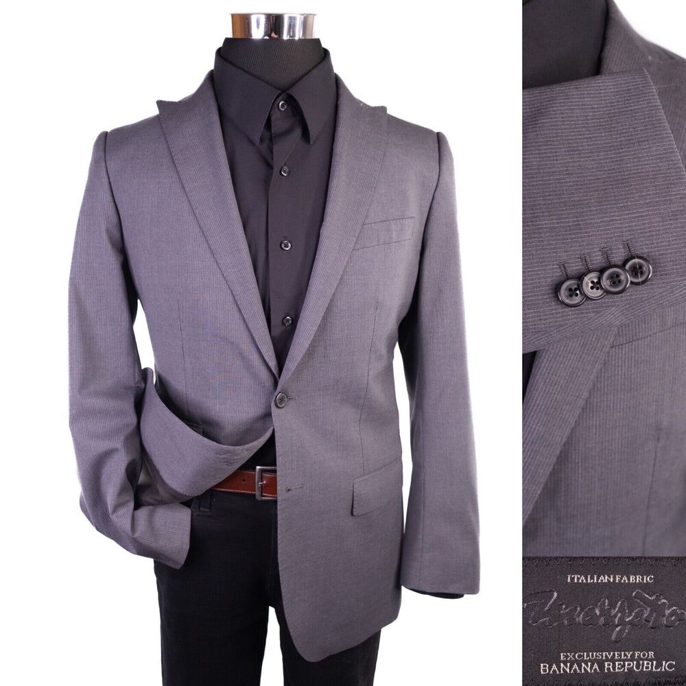 Banana Republic Blazer Mens 40R Italian fabric Gray Wool Two Button Striped